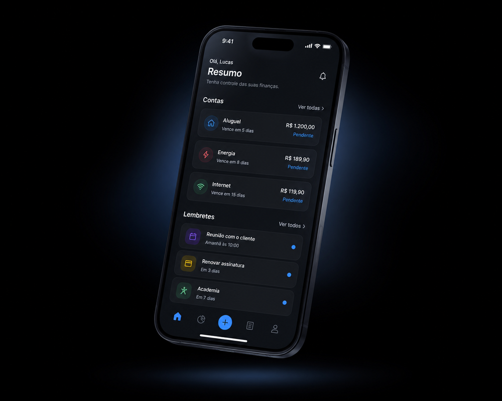 Aplicativo Synapps Life com a lista de contas e lembretes do mês